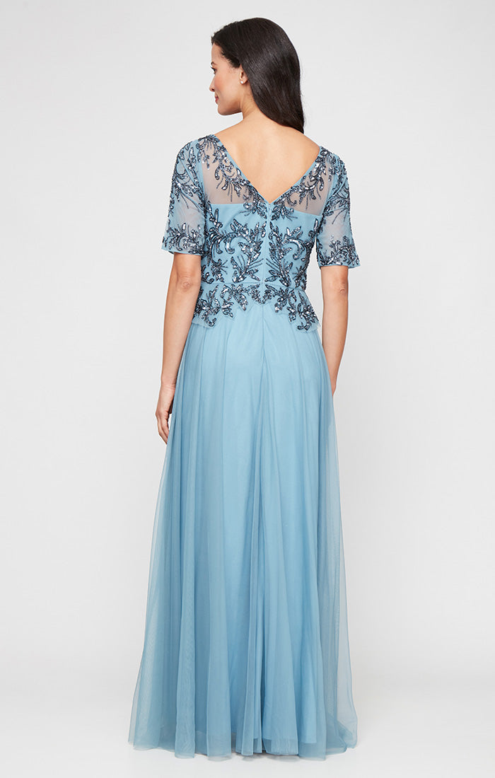 Long A-Line Hand Beaded Mock Dress with Illusion Neckline and Elbow Sleeves