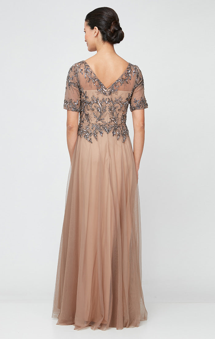 Long A-Line Hand Beaded Mock Dress with Illusion Neckline and Elbow Sleeves