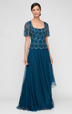 Long Hand Beaded Mock Dress with Square Neckline, Asymmetric Cascade Overlay Skirt and Short Sleeves