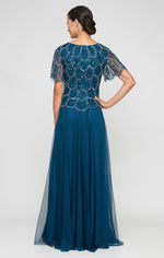 Long Hand Beaded Mock Dress with Square Neckline, Asymmetric Cascade Overlay Skirt and Short Sleeves