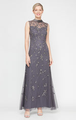 Long Sleeveless Hand Beaded Dress with Illusion Sweetheart Neckline