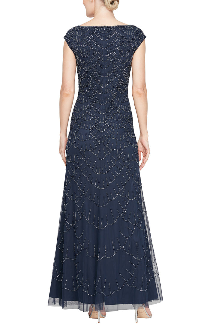 Long Sleeveless Hand Beaded Dress with V-Neckline