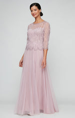 Long Hand Beaded Mock Dress with Illusion Neckline, 3/4 Sleeves and Tulle Full Skirt