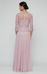 Long Hand Beaded Mock Dress with Illusion Neckline, 3/4 Sleeves and Tulle Full Skirt