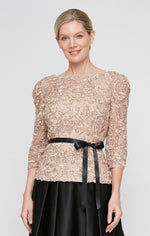 3/4 Sleeve Soutache Blouse with Puff Shoulder Sleeve Detail, Illusion Neckline & Tie Belt