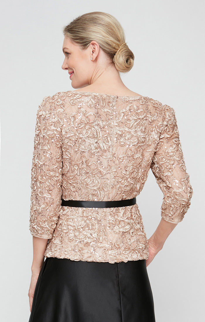 3/4 Sleeve Soutache Blouse with Puff Shoulder Sleeve Detail, Illusion Neckline & Tie Belt