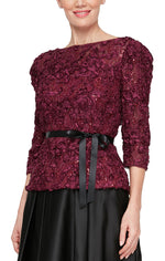 Petite 3/4 Sleeve Soutache Sequin Blouse with Puff Shoulder Sleeve Detail, Illusion Neckline & Tie Belt