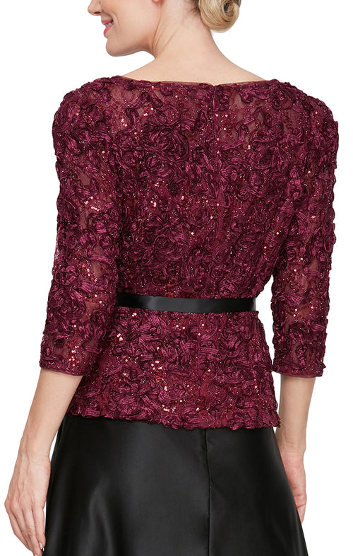 Petite 3/4 Sleeve Soutache Sequin Blouse with Puff Shoulder Sleeve Detail, Illusion Neckline & Tie Belt