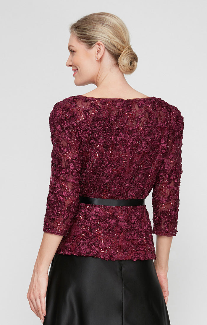 3/4 Sleeve Soutache Blouse with Puff Shoulder Sleeve Detail, Illusion Neckline & Tie Belt