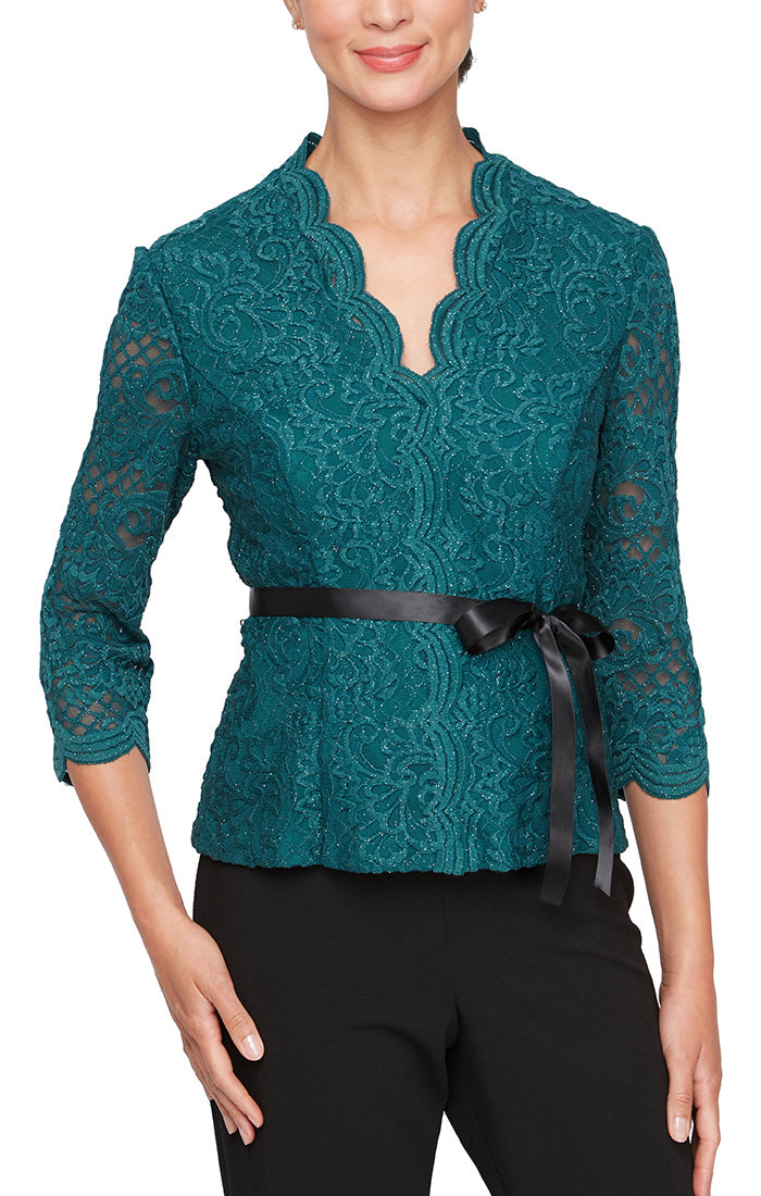 Petite 3/4 Sleeve Lace Blouse with Center Front Scallop Detail, Illusion Sleeves and Tie Belt