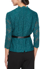 Petite 3/4 Sleeve Lace Blouse with Center Front Scallop Detail, Illusion Sleeves and Tie Belt