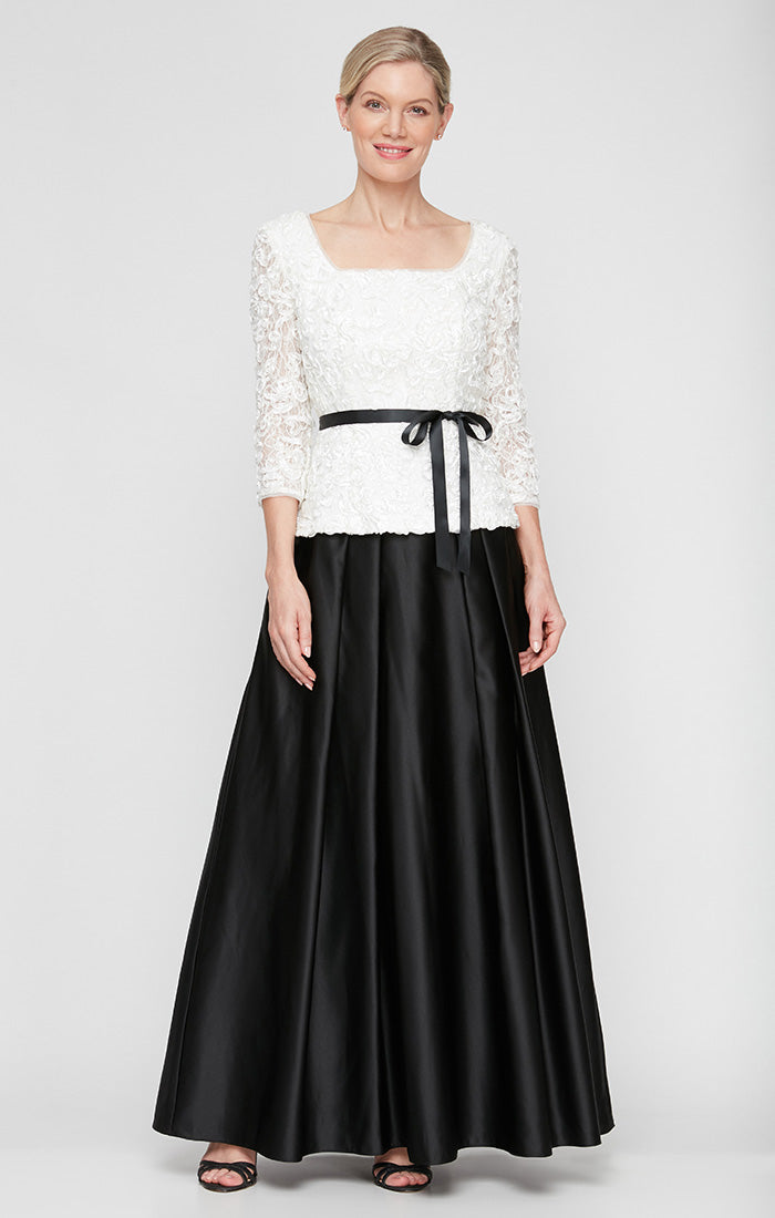 Petite Soutache Blouse with Tie Belt and Satin Ballgown Skirt