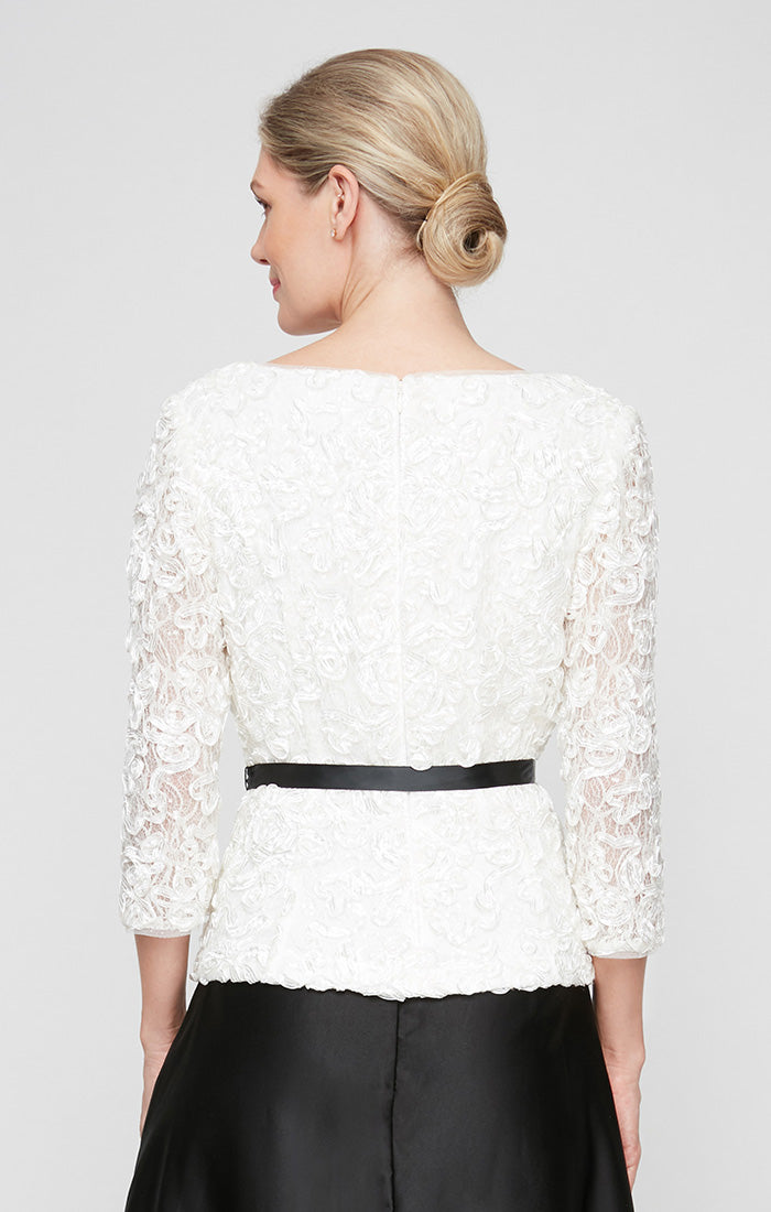 3/4 Sleeve Square Neck Soutache Lace Blouse with Tie Belt