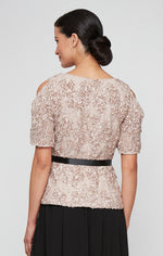 Petite Short Sleeve Lace Soutache Blouse with V-Neckline, Cold Shoulder Sleeves and Tie Belt