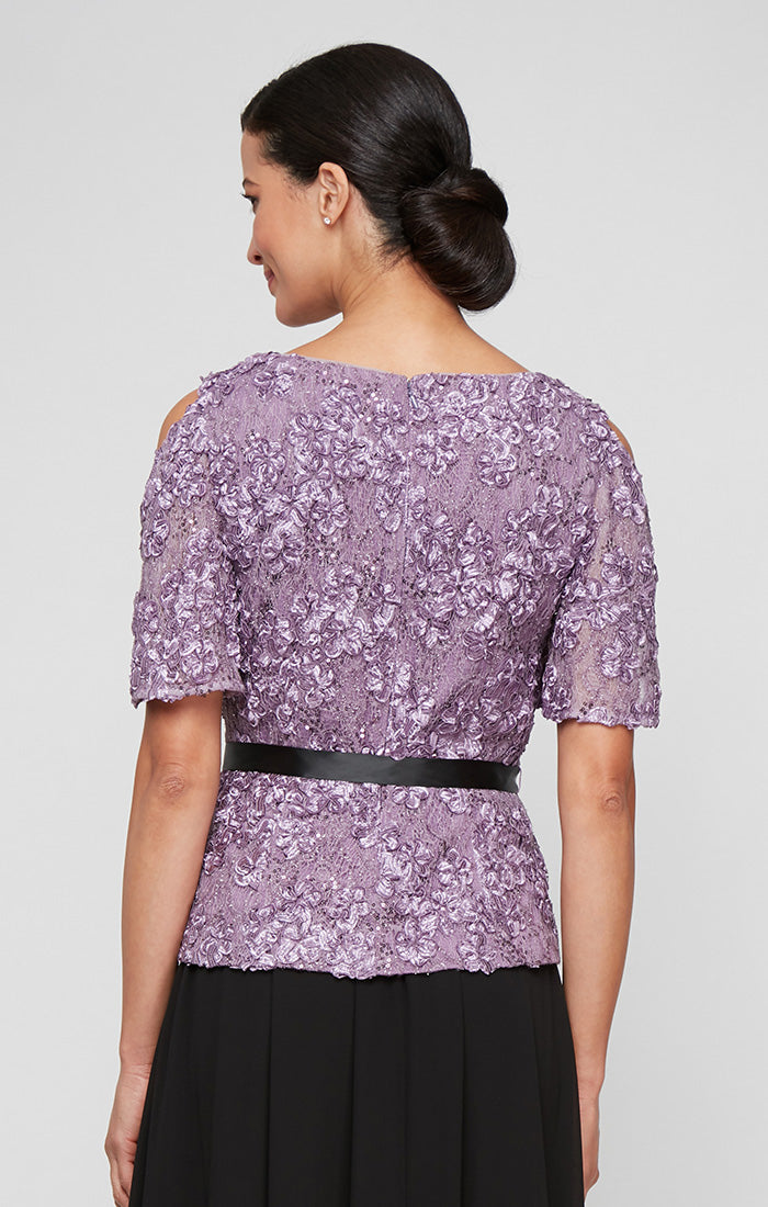 Short Sleeve Lace Soutache Blouse with V-Neckline, Cold Shoulder Sleeves and Tie Belt