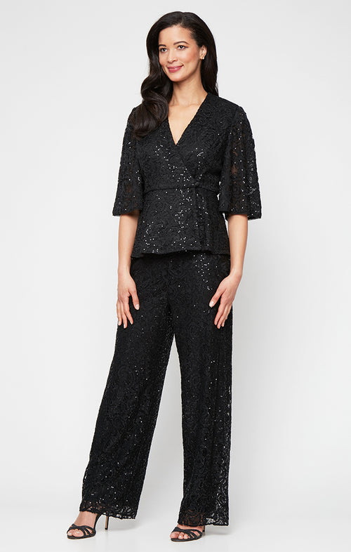 3/4 Sleeve Sequin Stretch Lace Side Closure Blouse with A-Line Sleeves