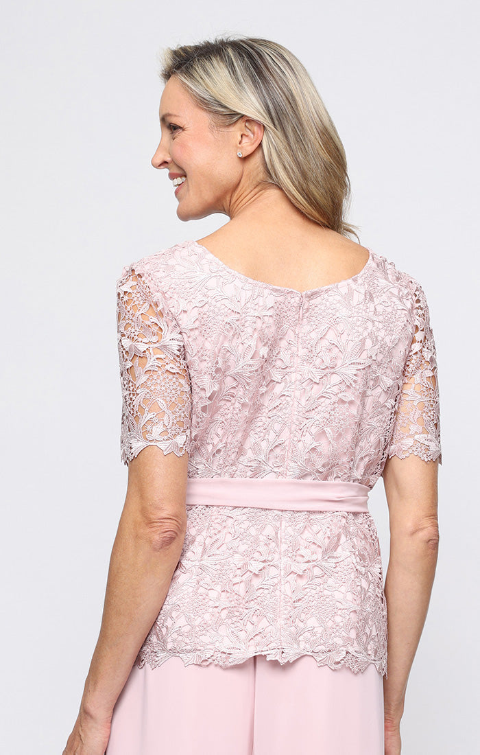 Regular - Short Sleeve Lace Blouse with Illusion Sleeves and Chiffon T