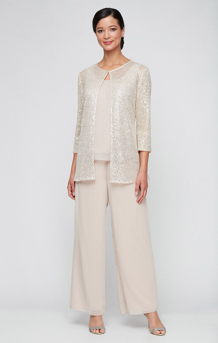 Taupe Chiffon Pantsuit with Crochet Sequin Jacket