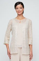 Taupe Chiffon Pantsuit with Crochet Sequin Jacket