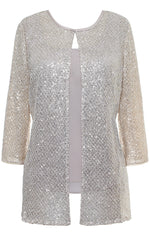 3/4 Sleeve Twinset with Sequin Detail Crochet Jacket and Chiffon Scoop Neck Tank