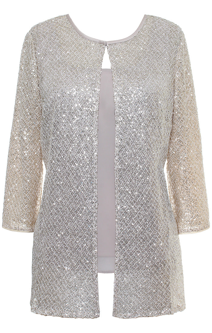 3/4 Sleeve Twinset with Sequin Detail Crochet Jacket and Chiffon Scoop Neck Tank