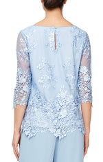 3/4 Sleeve Embroidered Detail Tunic with Scallop Sleeves & Hem