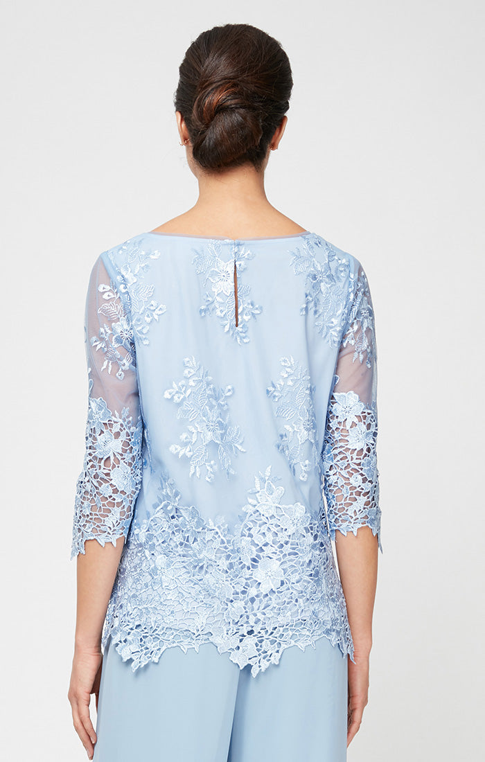 3/4 Sleeve Embroidered Detail Tunic with Scallop Sleeves & Hem