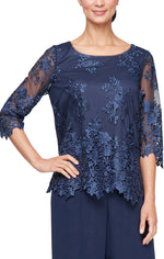 Plus 3/4 Sleeve Embroidered Detail Tunic with Scallop Sleeves & Hem