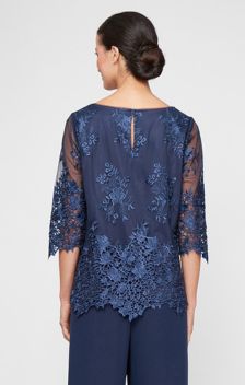 Plus 3/4 Sleeve Embroidered Detail Tunic with Scallop Sleeves & Hem