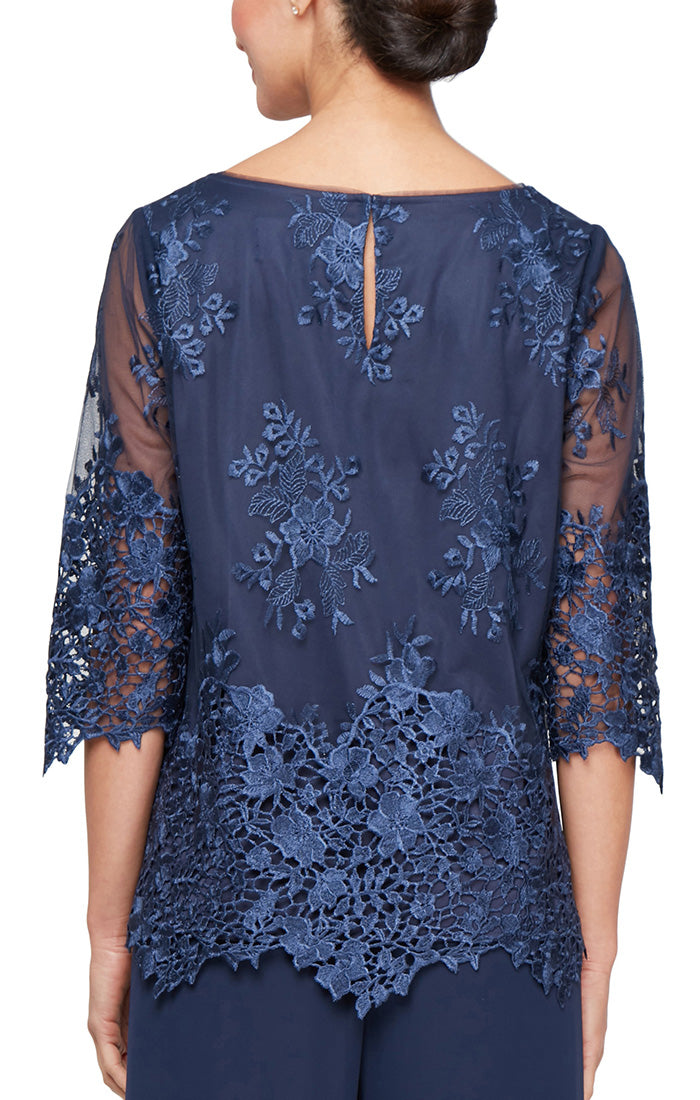 Plus 3/4 Sleeve Embroidered Detail Tunic with Scallop Sleeves & Hem