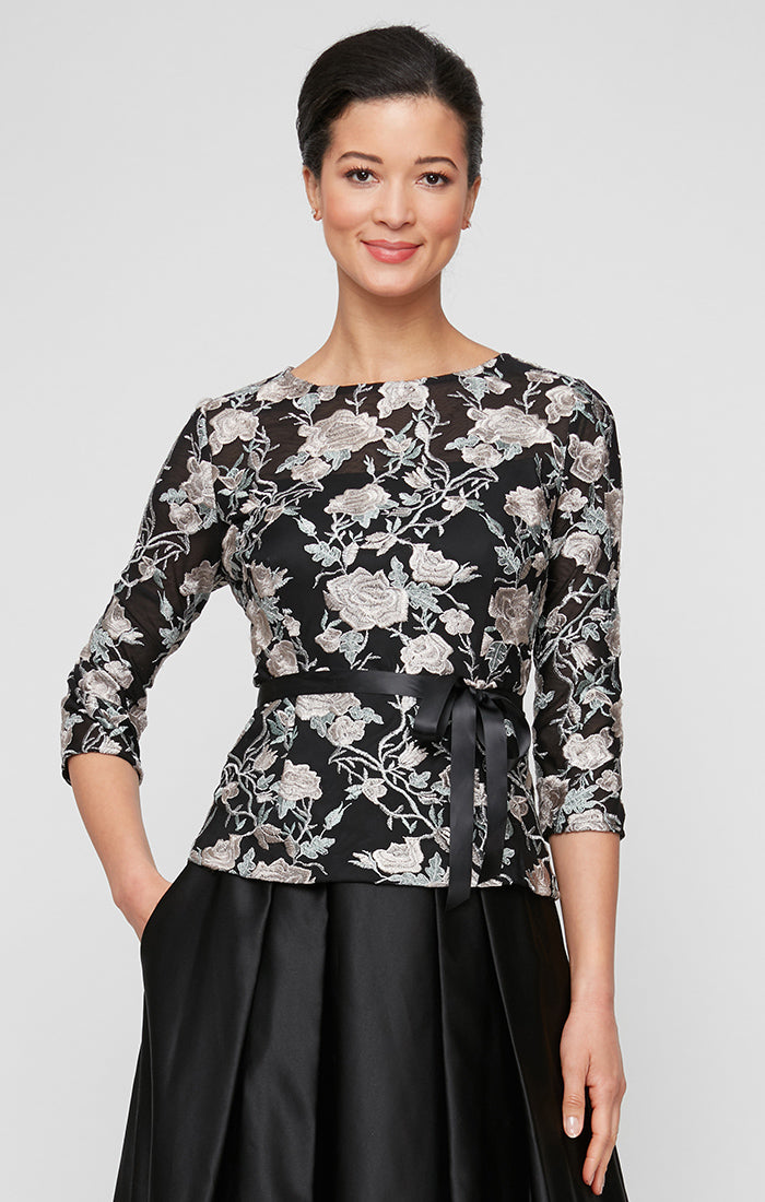 Regular - 3/4 Sleeve Embroidered Stretch Tulle Blouse with Tie Belt