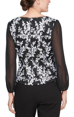 Petite - 3/4 Sleeve Embroidered Square Neck Blouse with Illusion Sleeves