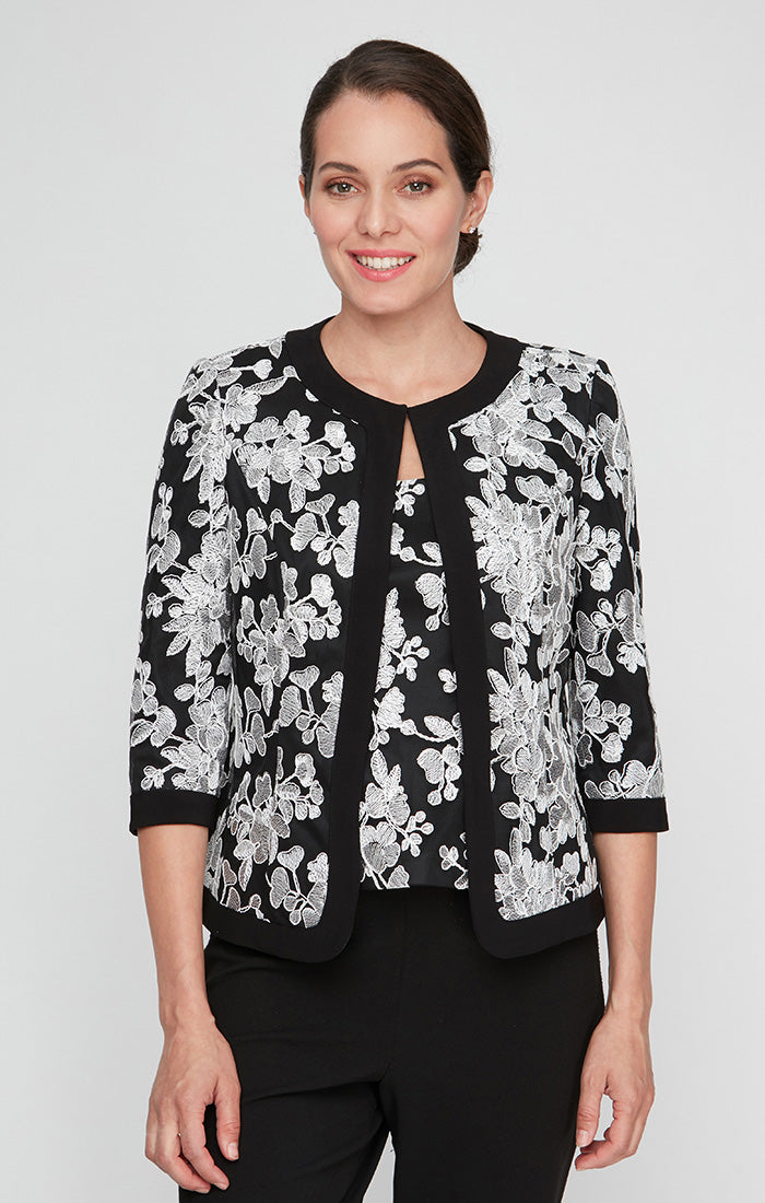 3/4 Sleeve Stretch Tulle Embroidered Twinset With Scoop Neckline and Hook Neck Closure Jacket