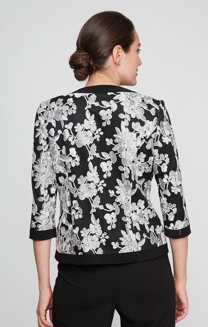 3/4 Sleeve Stretch Tulle Embroidered Twinset With Scoop Neckline and Hook Neck Closure Jacket