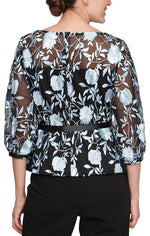 3/4 Sleeve Stretch Tulle Embroidered Blouse with Illusion Neckline, Illusion Sleeves and Tie Belt