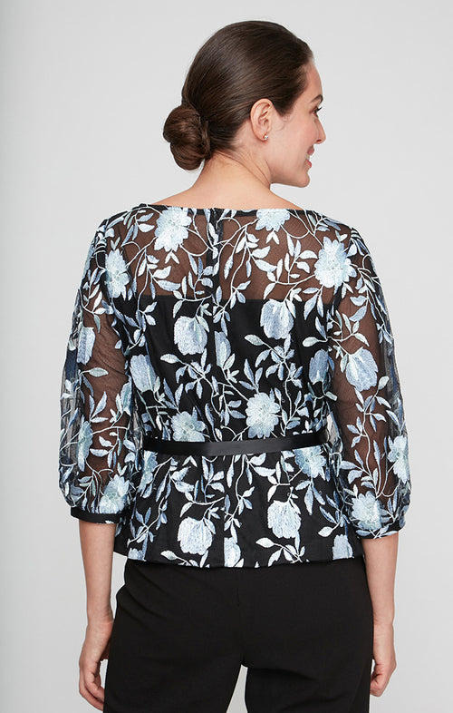 Petite 3/4 Sleeve Stretch Tulle Embroidered Blouse with Illusion Neckline, Illusion Sleeves and Tie Belt