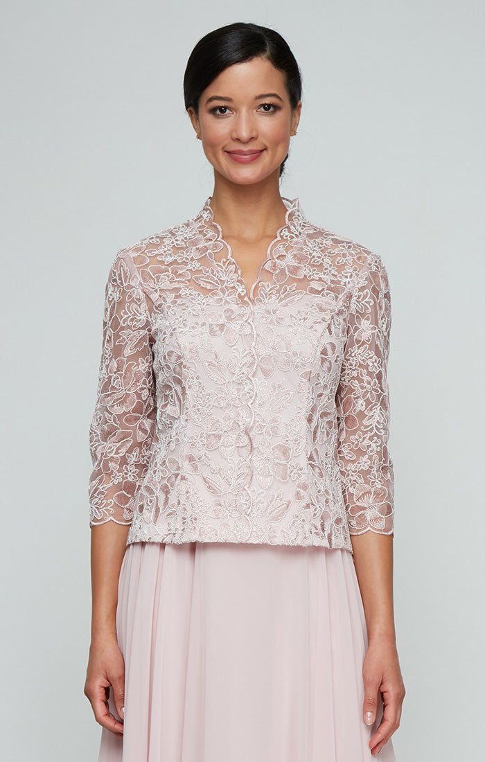 3/4 Sleeve Corded Embroidered Blouse with Center Front Scallop Detail and Illusion Sleeves