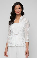 Plus 3/4 Sleeve Embroidered Twinset with Square Neck Chiffon Tank and Embellished Closure Jacket