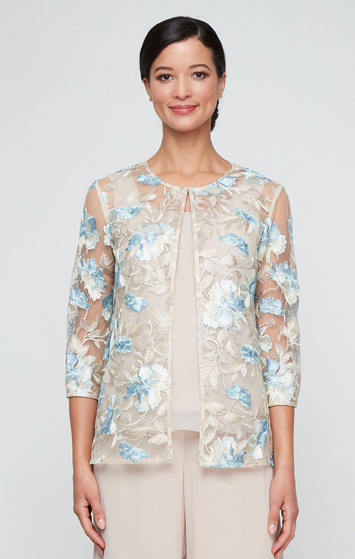 3/4 Sleeve Embroidered Twinset with Solid Chiffon Scoop Neck Tank and Hook Neck Closure Jacket