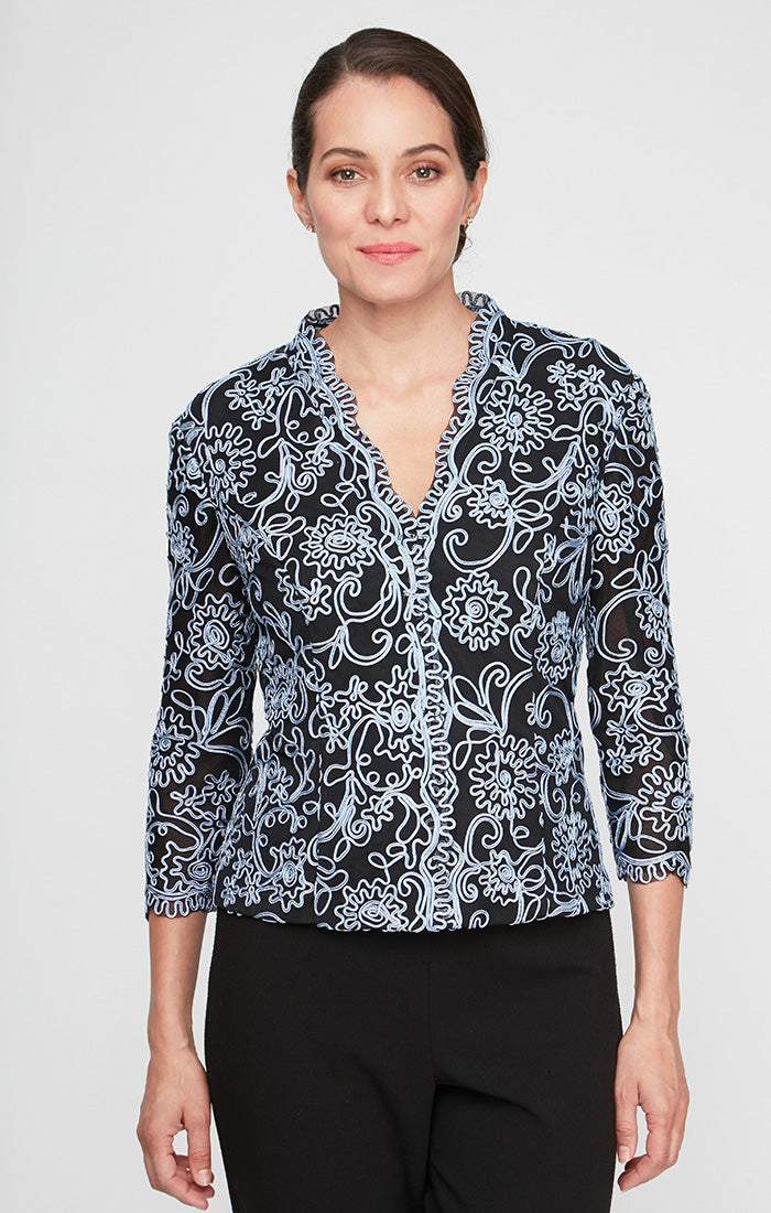 Embroidered Blouse with Center Front Scallop Detail and Illusion Sleeves