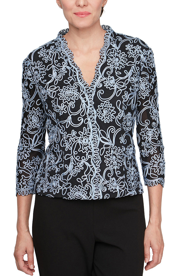 Petite 3/4 Sleeve Embroidered Blouse with Center Front Scallop Detail and Illusion Sleeves