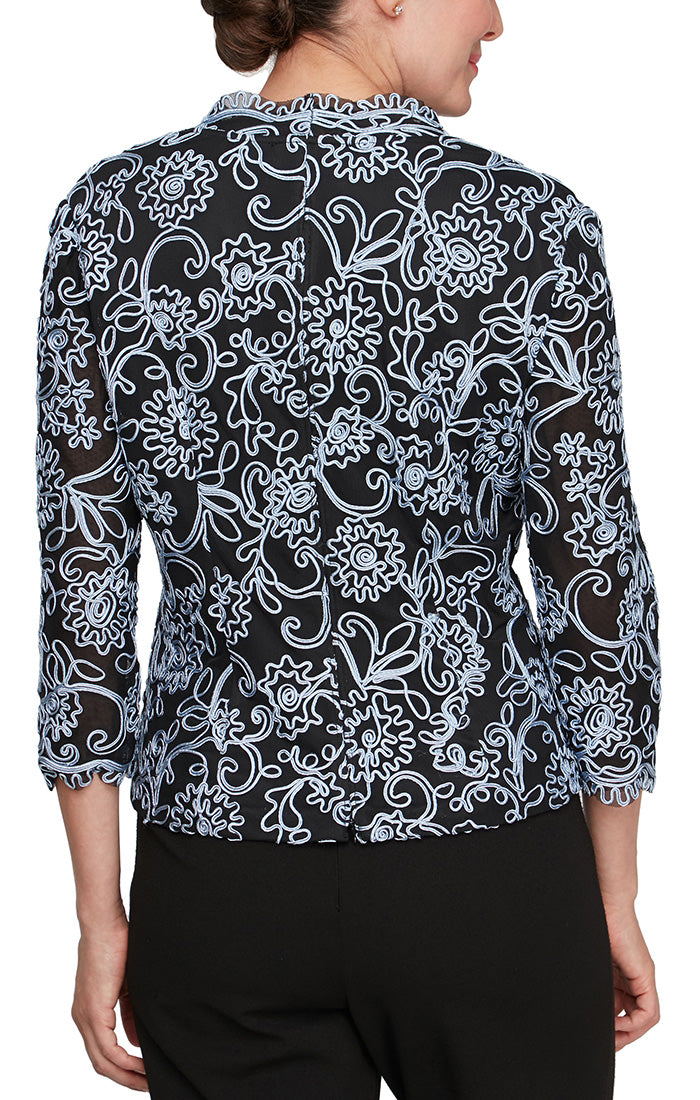 Petite 3/4 Sleeve Embroidered Blouse with Center Front Scallop Detail and Illusion Sleeves