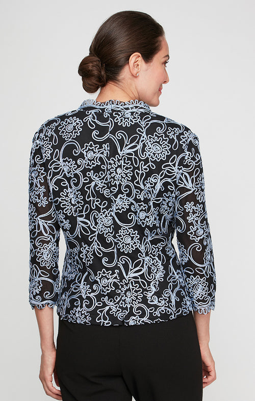 Embroidered Blouse with Center Front Scallop Detail and Illusion Sleeves