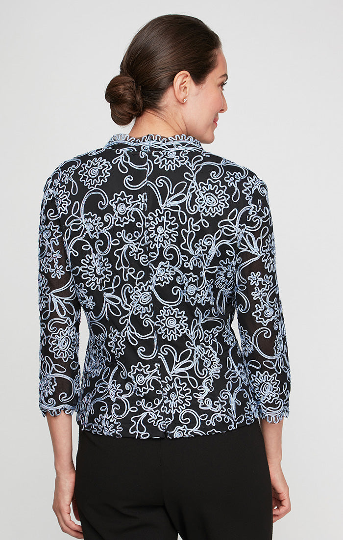 Embroidered Blouse with Center Front Scallop Detail and Illusion Sleeves