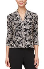 Plus - 3/4 Sleeve Embroidered Blouse With Center Front Scallop Detail and Illusion Sleeves