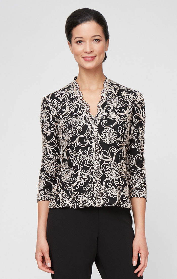 Embroidered Blouse with Center Front Scallop Detail and Illusion Sleeves