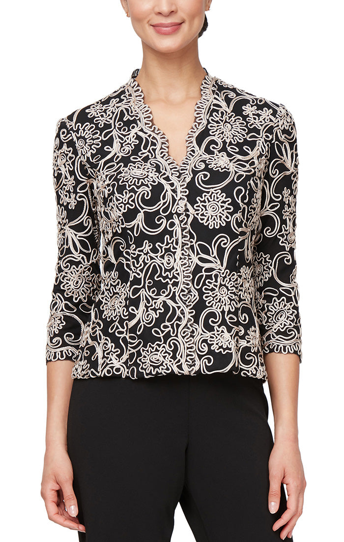 Embroidered Blouse with Center Front Scallop Detail and Illusion Sleeves