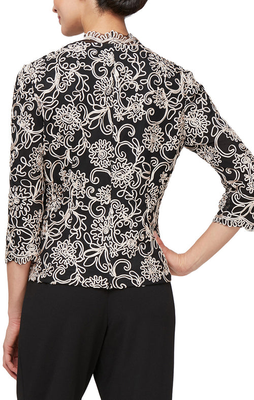 Plus 3/4 Sleeve Embroidered Blouse With Center Front Scallop Detail and Illusion Sleeves