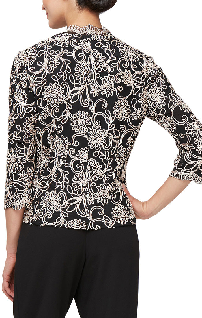 Plus - 3/4 Sleeve Embroidered Blouse With Center Front Scallop Detail and Illusion Sleeves