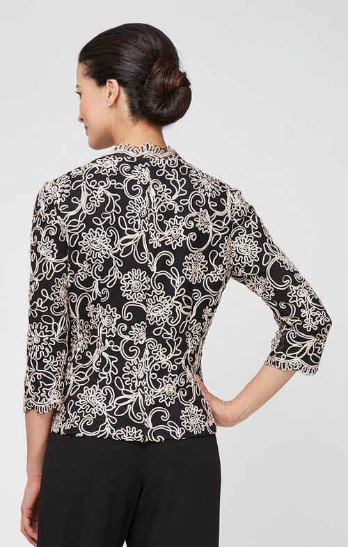 Embroidered Blouse with Center Front Scallop Detail and Illusion Sleeves